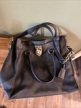 Michael Kors Black Hamilton Leather Tote Handbag with Gold Hardware